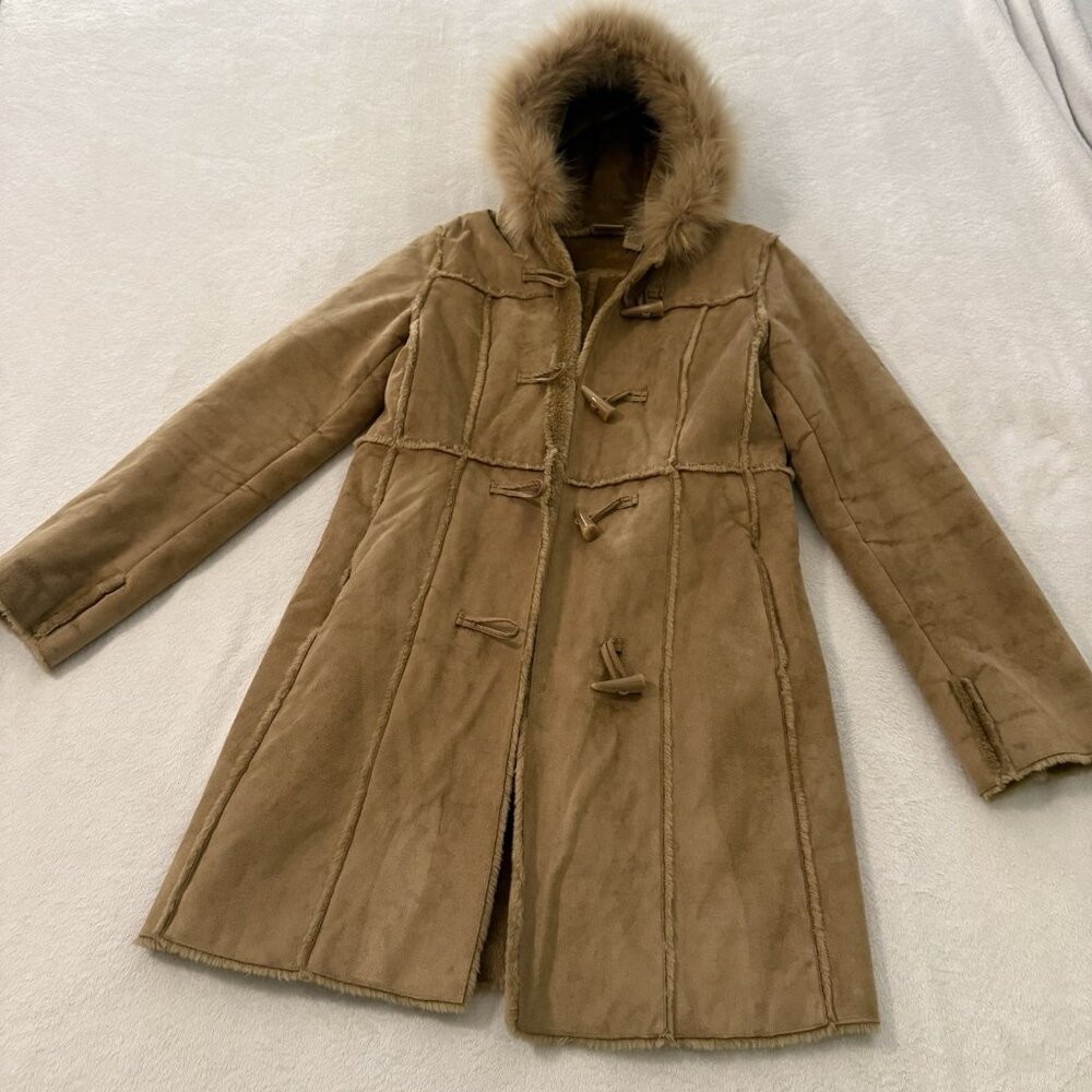 Ruff Hewn Faux Suede Coat Womens M Vintage Fur Lined Hood Toggle Button Tan Boho